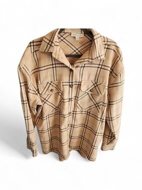 Plaid Button-Up Flannel Shirt - Beige, Brown And Pink Tones